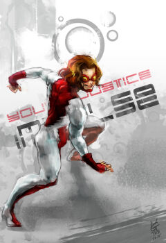 1boy bart_allen bodysuit brown_hair character_name copyright_name dc_comics fingerless_gloves flash_(series) gloves goggles impulse male_focus red_shoes running shoes solo yellow_eyes young_justice