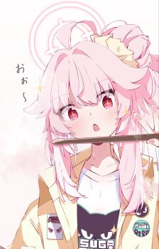 1girl against_glass ahoge ayahosiyuki blue_archive buttons commentary_request drumsticks hair_bun halo highres holding holding_drumsticks jacket logo_print long_hair looking_at_viewer natsu_(band)_(blue_archive) natsu_(blue_archive) official_alternate_costume open_clothes open_jacket open_mouth pink_hair pink_halo print_shirt red_eyes scrunchie shirt simple_background single_side_bun solo white_background white_shirt yellow_jacket yellow_scrunchie