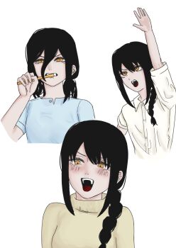 Rule 34 | 1girl, arm up, black hair, braid, bucho (user uhyt3853), chainsaw man, collared shirt, commentary request, hair between eyes, highres, holding, holding toothbrush, korean commentary, long hair between eyes, mole, mole under eye, multiple views, nayuta (chainsaw man), shirt, simple background, teeth, toothbrush, upper teeth only