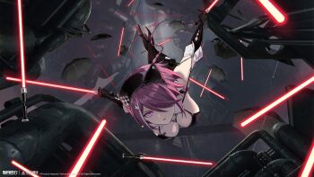 1girl absurdres black_gloves black_leotard black_umbrella bob_cut breasts copyright_name copyright_notice elbow_gloves energy_sword falling from_below full_body gloves hair_ornament hair_over_one_eye highres holding holding_sword holding_weapon industrial_pipe large_breasts leotard lightsaber logo looking_at_viewer official_art official_wallpaper one_eye_covered purple_eyes purple_hair red_lightsaber short_hair solo spaghetti_strap sword too_many_umbrellas too_many_weapons umbrella upside-down weapon xinyue_tongxing yuren_(xinyue_tongxing)