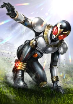 Rule 34 | 1boy, armor, black bodysuit, bodysuit, full body, highres, kamen rider, kamen rider kuuga, kamen rider kuuga (series), male focus, masukudo (hamamoto hikaru), on grass, red eyes, solo, tokusatsu