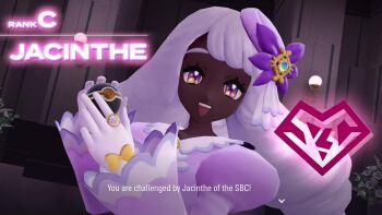 1girl 1other 3d animated ascot carbink dark-skinned_female dark_skin dress fascinator frilled_ascot frills gen_6_pokemon gloves highres holding holding_poke_ball indoors jacinthe_(pokemon) juliet_sleeves long_hair long_sleeves looking_at_viewer low_drills luxury_ball nintendo outline poke_ball pokemon pokemon_legends:_z-a puffy_sleeves purple_dress purple_eyes purple_gloves purple_hair ryona smile solo sparkle tagme triangle_mouth very_dark_skin video white_outline