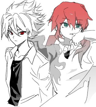 2boys blue_eyes closed_mouth expressionless goguma_wagamja highres ibuki_munemasa inazuma_eleven_(series) inazuma_eleven_go kirino_ranmaru multiple_boys pink_hair red_eyes shirt short_hair simple_background sketch trap twintails upper_body white_background