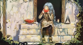 1girl absurdres black_pantyhose blue_hair boots character_request closed_eyes cup dress eating food fruit full_body hair_flowing_over head_tilt highres holding holding_food holding_fruit holding_watermelon ignoramoose long_hair pantyhose shadow_slave sitting smile solo stairs watermelon wind_flower_(shadow_slave) yellow_dress