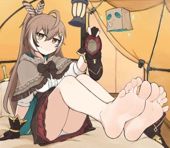1girl ahoge barefoot bow bowtie brown_bow brown_bowtie brown_eyes brown_hair feather_hair_ornament feathers feet foot_focus friend_(nanashi_mumei) gloves hair_ornament holding holding_shoes holding_unworn_clothes hololive hololive_english insole jitome lantern large_variant_set long_hair looking_at_viewer nanashi_mumei nanashi_mumei_(1st_costume) on_bed partially_fingerless_gloves ponytail shoes softhanten soles tent toes unworn_shoes variant_set virtual_youtuber