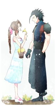 Rule 34 | 1boy, 1girl, aerith gainsborough, armor, baggy pants, bare shoulders, black gloves, black hair, blue sweater, boots, braid, braided ponytail, brown hair, closed eyes, commentary request, couple, crisis core: final fantasy vii, cross scar, dress, drill hair, drill sidelocks, facial scar, facing another, final fantasy, final fantasy vii, flower, flower basket, from side, full body, gloves, hair ribbon, hetero, highres, holding, holding flower, holding hands, long hair, pants, parted bangs, pink ribbon, ponytail, profile, ribbon, sandals, scar, scar on cheek, scar on face, shoulder armor, sidelocks, sin 3794, sleeveless, sleeveless dress, sleeveless turtleneck, smile, spiked hair, standing, suspenders, sweater, turtleneck, turtleneck sweater, yellow flower, zack fair