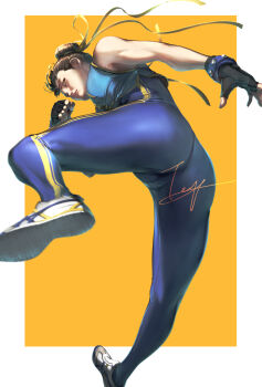 1girl absurdres ass blue_bodysuit blue_vest bodysuit border bracelet brown_eyes brown_hair capcom chun-li clenched_hand commentary_request double_bun dynamic_pose fingerless_gloves gloves hair_bun highres jewelry leg_up shoes simple_background sneakers solo street_fighter street_fighter_zero_(series) studded_bracelet teppu_tora vest white_border white_shoes yellow_background