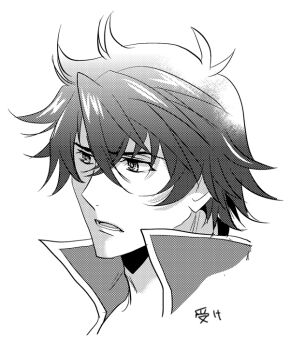 1boy artist_name ben-day_dots chinese_commentary collared_shirt commentary commentary_request english_commentary from_side greyscale hair_between_eyes high_collar iwatani_naofumi koromo_(kinu) looking_at_viewer looking_to_the_side male_focus messy_hair mixed-language_commentary monochrome open_mouth portrait screentones shirt short_hair sidelocks simple_background solo tate_no_yuusha_no_nariagari translation_request