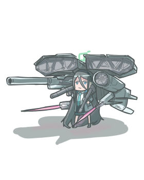 1girl absurdly_long_hair absurdres aris_(blue_archive) black_hair black_hairband blue_archive blue_eyes blue_necktie bright_pupils chibi closed_mouth collared_shirt commentary_request crossover dendrobium_schema expressionless gun gundam gundam_0083 gundam_gp-03_dendrobium hair_between_eyes hairband halo highres holding holding_gun holding_weapon jacket long_hair long_sleeves necktie omurainu open_clothes open_jacket pleated_skirt shadow shirt simple_background skirt solo standing very_long_hair weapon white_background white_pupils white_shirt