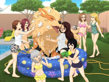 Rule 34 | 1boy, absurdres, animal, arcanine, bikini, blonde hair, blush, breasts, brown hair, cleavage, fluffy, gen 1 pokemon, glasses, grass, grey hair, haosekii, happy, highres, leotard, licking, medium breasts, multiple girls, navel, nintendo, one-piece swimsuit, original, outdoors, pokemon, pool, red hair, shirt, size difference, skirt, small breasts, standing, swimsuit, t-shirt, tongue, trainer iris, tree, water gun, wet, wet clothes, wet shirt