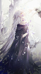 Rule 34 | 1girl, antoneva, bai qi-qsr, black dress, black sleeves, bug, butterfly, character name, chin, choker, closed mouth, collarbone, commentary request, day, dress, eyelashes, forever 7th capital, head tilt, highres, insect, long dress, long hair, long sleeves, outdoors, pillar, purple choker, reaching towards another, ruins, smile, solo focus, standing, sunlight, very long hair, white butterfly, white hair, wide sleeves, yellow eyes