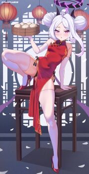 1girl :o absurdres ahoge alternate_costume alternate_hairstyle black_panties blue_archive blush breasts china_dress chinese_clothes covered_navel demon_girl demon_horns demon_wings double_bun dress elbow_gloves food full_body gloves hair_bun halo high_heels highres hina_(blue_archive) holding holding_food horns looking_at_viewer low_wings open_mouth paintlabor panties pelvic_curtain purple_eyes red_dress sleeveless sleeveless_dress small_breasts solo standing standing_on_one_leg table thighhighs underwear white_gloves white_hair white_thighhighs wings