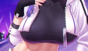 1girl black_shirt blue_hair breast_focus breasts cipher4109 commentary cropped_shirt english_commentary highres jacket large_breasts linea_alba long_hair nijisanji nijisanji_en open_clothes open_jacket purple_hair selen_tatsuki shirt solo thumbnail_collage virtual_youtuber white_jacket