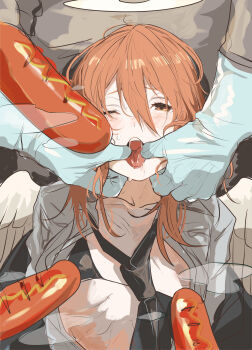 4boys absurdres angel_devil_(chainsaw_man) bikini black_bikini black_necktie chainsaw_man collared_shirt commentary_request crossdressing crossdressing_(mtf) food gloves hair_between_eyes heco_inu highres long_hair mouth_pull multiple_boys necktie one_eye_closed open_mouth sausage shirt surrounded swimsuit thong upper_body white_shirt yaoi