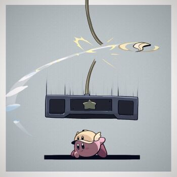 >:) blush_stickers boomerang border copy_ability cutter_kirby cutting falling grey_background hat highres kirby kirby's_return_to_dream_land kirby_(series) nintendo no_humans platform rope simple_background smile solo star_(symbol) suyasuyabi v-shaped_eyebrows white_border winged_hat