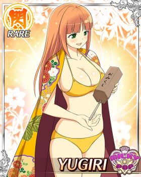 1girl :d bikini border breasts card_(medium) cleavage english_text floral_print floral_print_kimono game_cg green_eyes hime_cut holding_omikuji japanese_clothes kimono large_breasts looking_at_viewer navel non-web_source official_alternate_costume official_art omikuji open_mouth orange_hair print_kimono senran_kagura senran_kagura_new_wave skindentation smile solo swimsuit yellow_bikini yellow_kimono yugiri_(senran_kagura)