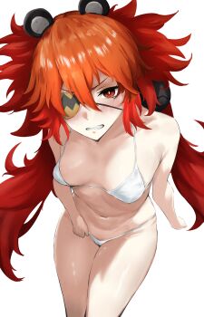 1girl ahoge animal_ears bare_shoulders bear_ears bikini breasts cleavage commentary_request ei_(eiei_e1) eyepatch fake_animal_ears hair_between_eyes hair_ornament highres koleda_belobog long_hair looking_at_viewer micro_bikini navel red_eyes red_hair solo sphere_hair_ornament swimsuit twintails zenless_zone_zero