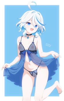 1girl absurdres artist_name audirenze babydoll black_choker blue_babydoll blue_background blue_bow blue_eyes blue_gemstone blue_hair blue_nails blue_panties border bow breasts choker clothes_lift collarbone commentary furina_(genshin_impact) gem genshin_impact hair_between_eyes highleg highleg_panties highres lifting_own_clothes looking_at_viewer medium_hair mismatched_pupils multicolored_hair nail_polish navel nipples open_mouth panties see-through_babydoll see-through_clothes see-through_panties small_breasts solo standing streaked_hair toenail_polish toenails twitter_username two-tone_hair underwear white_border white_hair