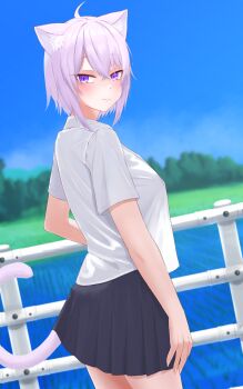 1girl :3 absurdres ahoge animal_ear_fluff animal_ears black_skirt blue_sky blurry blurry_background breasts cat_ears cat_girl cat_tail collared_shirt commentary_request eka_kinoko fence from_side highres hololive looking_at_viewer looking_back medium_hair nekomata_okayu pink_hair pink_tail pleated_skirt purple_eyes shirt shirt_overhang short_sleeves skirt sky solo tail virtual_youtuber white_shirt