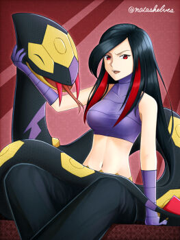 1girl absurdres arm_support bare_shoulders black_hair black_pants breasts closed_eyes commentary_request covered_collarbone crop_top elbow_gloves forked_tongue gen_3_pokemon gloves groin highres large_breasts long_hair looking_at_viewer lucy_(pokemon) midriff multicolored_hair navel nintendo open_mouth pants pokemon pokemon_(creature) pokemon_emerald pokemon_rse purple_gloves purple_shirt red_background red_eyes red_hair seviper sherufu_(natashelves) shirt sitting sleeveless smile snake swept_bangs teeth tongue tongue_out twitter_username two-tone_hair upper_teeth_only