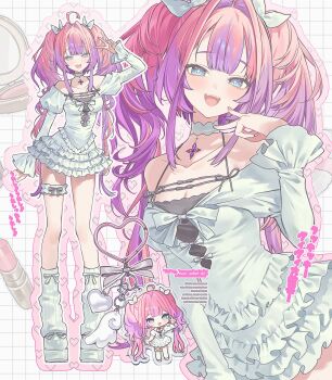 1girl absurdres ahoge alternate_costume bell_sleeves black_camisole blue_eyes bow breasts camisole charm_(object) chibi chibi_inset choker cleavage colored_inner_hair dress frilled_dress frilled_thigh_strap frills guma_(teddybear_oxo) hair_bow hair_intakes hand_up highres hololive hololive_dev_is juliet_sleeves kikirara_vivi leg_warmers long_hair long_sleeves looking_at_viewer multicolored_hair multiple_views off-shoulder_dress off_shoulder outline pink_hair platform_shoes puffy_sleeves purple_hair shoes sidelocks smile thigh_strap twintails undershirt v virtual_youtuber white_dress white_leg_warmers white_shoes