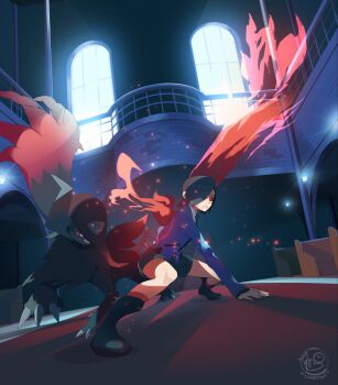 1girl absol gen_3_pokemon glowing glowing_wings hair_over_one_eye highres kagune_(tokyo_ghoul) kirishima_touka mega_absol mega_absol_z mega_pokemon nintendo pokemon pokemon_(creature) pokemon_legends:_z-a red_wings short_hair startboii tokyo_ghoul wings