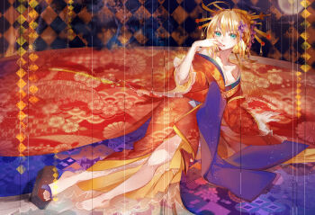 Rule 34 | 10s, 1girl, ahoge, argyle, arm support, artoria pendragon (fate), asa no ha (pattern), bare shoulders, barefoot, blonde hair, blue eyes, breasts, cleavage, comb, curtains, fate/extra, fate/stay night, fate (series), female focus, finger to mouth, floral print, flower, genjiguruma, geta, goshoguruma, hair flower, hair ornament, hair stick, japanese clothes, kikumon, kimono, long hair, moon, nail polish, nero claudius (fate), nero claudius (fate/extra), off shoulder, oiran, print kimono, red nails, saber (fate), sayagata, see-through clothes, seigaiha, shippou (pattern), shoes, single shoe, solo, tg, wide sleeves, yagasuri