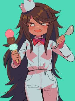 1girl adventure_time adventure_time:_fionna_and_cake blue_background bow bowtie brown_hair commentary crown dark-skinned_female dark_skin english_commentary food highres holding holding_food holding_ice_cream holding_spoon ice_cream ice_queen_(adventure_time) long_hair looking_at_viewer no_pupils open_mouth pants red_bow red_bowtie shirt simple_background spoon thick_eyebrows tsujii_luki white_crown white_pants white_shirt