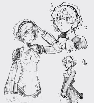 1girl aigis_(persona) ayellowapple bag bug butterfly commentary english_commentary gekkoukan_high_school_uniform headset highres holding holding_bag insect jacket joints looking_to_the_side monochrome multiple_views neckerchief open_mouth persona persona_3 persona_3_reload robot_girl robot_joints school_uniform short_hair simple_background sketch