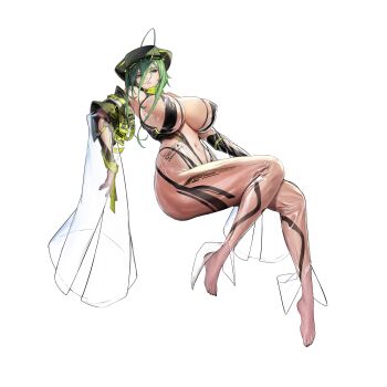 1girl ahoge barcode barefoot blue_eyes bodysuit bored breasts catsuit covered_erect_nipples english_text eyewear_on_head full_body green_hair green_nails hair_between_eyes head-mounted_display highres holographic_interface huge_ahoge huge_breasts knees_together_feet_apart last_origin lemonade_epsilon long_sidelocks nail_polish navel non-web_source official_art parted_lips ren._(ren.ko) see-through_bodysuit see-through_clothes short_hair sidelocks simple_background sitting skin_tight solo tachi-e teeth toenail_polish toenails transparent_background underboob unzipped very_long_sleeves