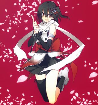 10mo 10s 1girl bad_id bad_pixiv_id cherry_blossoms female_focus jewelry jumping kantai_collection open_mouth ornate_ring petals ring scarf sendai_(kancolle) sendai_kai_ni_(kancolle) solo tsurime wedding_ring