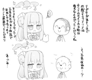 1boy 1girl blue_archive bow chibi collared_shirt cropped_torso doodle_sensei_(blue_archive) dress greyscale hair_bun hair_loss halo long_hair mika_(blue_archive) miranofuudoria monochrome necktie sensei_(blue_archive) shirt simple_background single_side_bun squiggle translation_request upper_body white_background