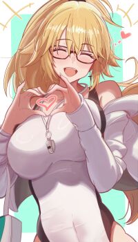 Rule 34 | 0nineo9, 1girl, absurdres, bare shoulders, black-framed eyewear, blonde hair, blush, breasts, closed eyes, collarbone, commentary, commission, competition swimsuit, covered navel, cross, cross earrings, earrings, english commentary, fate/grand order, fate (series), glasses, heart, heart hands, high ponytail, highleg, highleg one-piece swimsuit, highres, impossible clothes, impossible swimsuit, jacket, jeanne d'arc (fate), jeanne d'arc (swimsuit archer) (second ascension) (fate), jewelry, large breasts, long hair, one-piece swimsuit, open mouth, ponytail, smile, solo, swimsuit, whistle, whistle around neck, white jacket, white one-piece swimsuit