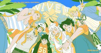 Rule 34 | 2girls, 4boys, alternate costume, arm tattoo, bare shoulders, bead necklace, beads, belt, belt buckle, black hair, blonde hair, blue eyes, blue pants, blue shirt, blue sky, breasts, buckle, casual, chest tattoo, commentary, dated, day, denim, earrings, english commentary, facial hair, feet out of frame, from behind, goggles, goggles around neck, grin, hand tattoo, hat, highres, horns, jeans, jewelry, large breasts, log pose, long hair, looking at viewer, monkey d. luffy, multiple boys, multiple girls, nami (one piece), necklace, nyan 2020, one piece, open clothes, open mouth, open shirt, orange hair, outdoors, pants, portgas d. ace, red shirt, sabo (one piece), scar, scar on face, shirt, short hair, sidelocks, sky, smile, striped clothes, striped shirt, tank top, tattoo, trafalgar law, universal studios, upper body, v, white hair, white hat, white tank top, yamato (one piece)