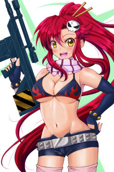 1girl :d belt bikini bikini_top_only black_bikini black_gloves breasts cleavage commentary_request cowboy_shot elbow_gloves fingerless_gloves flame_print gloves groin gun hair_ornament high_ponytail highres holding holding_gun holding_weapon kanyasu large_breasts long_hair navel open_mouth pink_scarf pink_thighhighs ponytail print_bikini red_hair rifle scarf short_shorts shorts single_elbow_glove skull_hair_ornament smile sniper_rifle solo stomach studded_belt swimsuit tengen_toppa_gurren_lagann thighhighs trigger_discipline very_long_hair weapon yellow_eyes yoko_littner