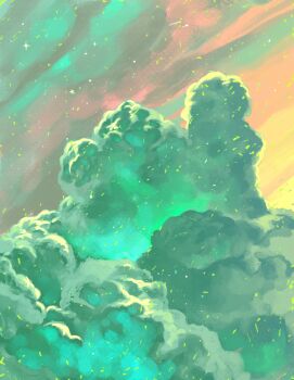 above_clouds analogous_colors cloud cloud_focus cloudy_sky colorful commentary cumulonimbus_cloud english_commentary glowing green_clouds green_light green_sky jake_romano light_particles no_humans orange_sky original outdoors scenery sky sky_focus sunset yellow_sky