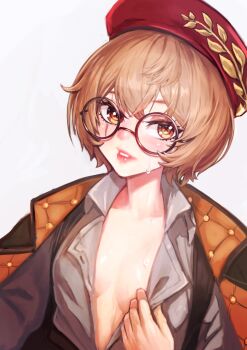 1girl breasts brown_eyes brown_hair cleavage clio_aite flat_chest glasses grey_shirt hair_between_eyes hat highres jacket open_clothes open_shirt phase_connect red_hat round_eyewear scar scar_across_eye scar_on_face shirt short_hair small_breasts sussynano unbuttoned virtual_youtuber