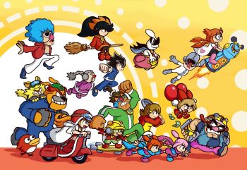 18-volt 5-volt 6+boys 6+girls 9-volt ana_(warioware) ashley_(warioware) balloon_fight bird doctor_crygor dribble_(warioware) from_side highres jimmy_t_(warioware) kat_(warioware) lulu_(warioware) master_mantis mike_(warioware) mona_(warioware) multiple_boys multiple_girls nintendo orbulon penny_crygor pyoro spitz tagme tkowl wario warioware young_cricket