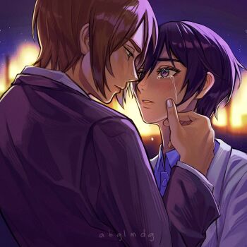 1boy 1girl abglmdg artist_name black_hair black_jacket blue_shirt blurry blurry_background blush brown_hair collared_shirt couple crying eren_yeager hair_between_eyes hand_on_another&#039;s_cheek hand_on_another&#039;s_face hetero highres jacket looking_at_another mikasa_ackerman parted_bangs parted_lips shingeki_no_kyojin shirt short_hair suit_jacket tears upper_body white_jacket white_shirt wiping_tears