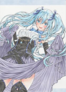 1girl black_sleeves black_thighhighs blue_bow blue_eyes blue_ribbon blush bow breasts clothes_lift commentary_request detached_sleeves double-parted_bangs from_below grey_outline hair_between_eyes hair_ribbon highres large_breasts long_bangs long_hair long_skirt looking_at_viewer looking_down marker_(medium) meeya open_mouth original outline purple_skirt ribbon shirt simple_background skirt skirt_lift sleeveless sleeveless_shirt smile solo thighhighs traditional_media twintails underbust white_background white_shirt