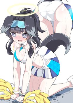 1girl all_fours animal_ears ass back black_hair blue_archive blush breasts chaos_0829 cheerleader commentary_request dog_ears dog_girl dog_tail dripping from_behind goggles goggles_on_head halo hibiki_(blue_archive) hibiki_(cheer_squad)_(blue_archive) highres holding holding_pom_poms long_hair millennium_cheerleader_outfit_(blue_archive) official_alternate_costume open_mouth panties pom_pom_(cheerleading) pom_poms simple_background skirt solo stain star_(symbol) star_sticker steaming_body sticker sticker_on_arm sticker_on_face sweat sweat_stain sweatdrop sweaty_clothes tail thighs underwear upskirt very_sweaty wet white_background white_panties yellow_halo