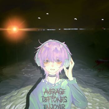 aegyo_sal androgynous blood choker cross cross_necklace deftones_(band) headphones highres jewelry nanao_uu necklace original outdoors pale_skin purple_hair shirt snakebite_(piercing) spiked_choker spikes sweat