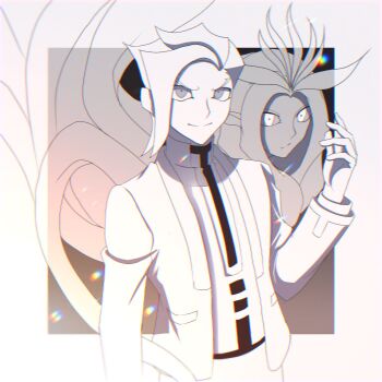 Rule 34 | 1boy, 1girl, arm at side, atltax 00, behind another, black trim, border, coat, commentary request, cowboy shot, duel monster, facing to the side, ghost, grey background, grey eyes, grey hair, grin, hand up, highres, light particles, looking ahead, monochrome, monster girl, muted color, open clothes, open coat, parted hair, plant girl, shirt, smile, spectre (yu-gi-oh!), white border, white coat, white eyes, white hair, white shirt, yu-gi-oh!, yu-gi-oh! vrains