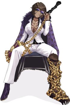 1girl animal_legs breasts brown_hair cleavage dark-skinned_female dark_skin eitakotoku formal_clothes full_body fur_trim highres jacket large_breasts limbus_company middle_(identity)_(project_moon) outis_(project_moon) pants project_moon scar scar_on_breast scar_on_chest short_hair sitting suit suit_jacket sunglasses tattoo white_pants white_suit yellow_eyes