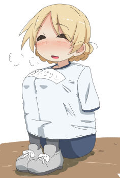 1girl blonde_hair blush braid closed_eyes darjeeling_(girls_und_panzer) girls_und_panzer gym_uniform jinguu_(4839ms) open_mouth simple_background smile solo white_background