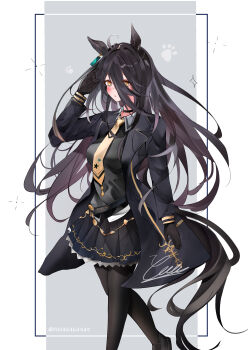 1girl absurdres ahoge animal_ears black_choker black_coat black_gloves black_hair black_pantyhose black_shirt black_skirt blush breasts choker coat collared_shirt commentary_request ear_tag earrings gloves hair_between_eyes highres horse_ears horse_girl horse_tail jewelry long_bangs long_hair long_hair_between_eyes long_sleeves looking_at_viewer manhattan_cafe_(creeping_shadow)_(umamusume) manhattan_cafe_(umamusume) medium_breasts multicolored_hair necktie pantyhose parted_lips shirt single_earring skirt solo tail umamusume very_long_hair white_hair yellow_eyes yellow_necktie yuu46464949