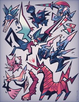 Rule 34 | absurdres, aegislash, ceruledge, closed eyes, commentary request, drooling, escavalier, fangs, full body, gen 1 pokemon, gen 5 pokemon, gen 6 pokemon, gen 7 pokemon, gen 8 pokemon, highres, holding, holding shield, lance, nintendo, noivern, one-eyed, pokemon, pokemon (creature), pokemon focus, polearm, porygon, scolipede, shield, sizzlipede, smile, tongue, tongue out, tsunzaki, vikavolt, weapon, zweilous