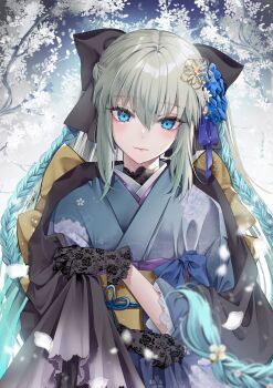 1girl akatsuki_hijiri black_bow blue_eyes bow braid breasts commentary_request fate/grand_order fate_(series) grey_hair hair_bow highres japanese_clothes kimono long_hair looking_at_viewer medium_breasts morgan_le_fay_(fate) obi ponytail sash sidelocks solo very_long_hair