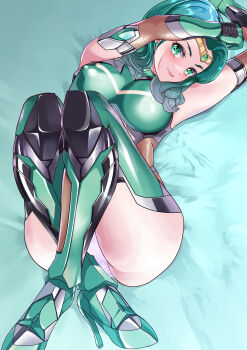 1girl absurdres aqua_bodysuit aqua_eyes arion_canvas bishoujo_senshi_sailor_moon blush bodysuit circlet elbow_gloves gloves green_hair high_heels highres impossible_bodysuit impossible_clothes impossible_leotard kaiou_michiru leotard lips lying revision sailor_neptune short_hair skin_tight smile solo swept_bangs taimanin_(series) taimanin_suit