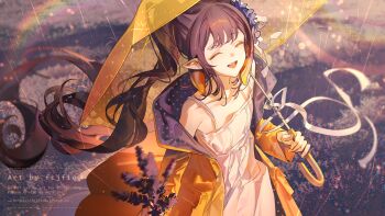 1girl alternate_costume alternate_hairstyle closed_eyes coat commentary_request dress fang fcjfior floating_hair flower from_above gradient_hair hair_ornament high_ponytail holding holding_umbrella hololive hololive_english long_hair mole mole_under_eye multicolored_hair ninomae_ina'nis official_alternate_costume official_alternate_hairstyle open_clothes open_coat open_mouth orange_hair outdoors pointy_ears ponytail purple_hair rain raincoat sidelocks skin_fang smile solo standing sundress tentacle_hair twitter_username two-sided_coat two-sided_fabric umbrella very_long_hair virtual_youtuber watermark web_address white_dress yellow_coat yellow_raincoat yellow_umbrella